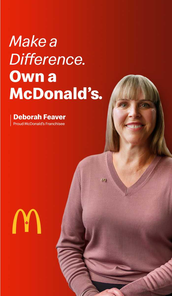 a McDonald's Franchise owner named Deborah Feaver sitting down with the text Make a Difference Own a McDonald's