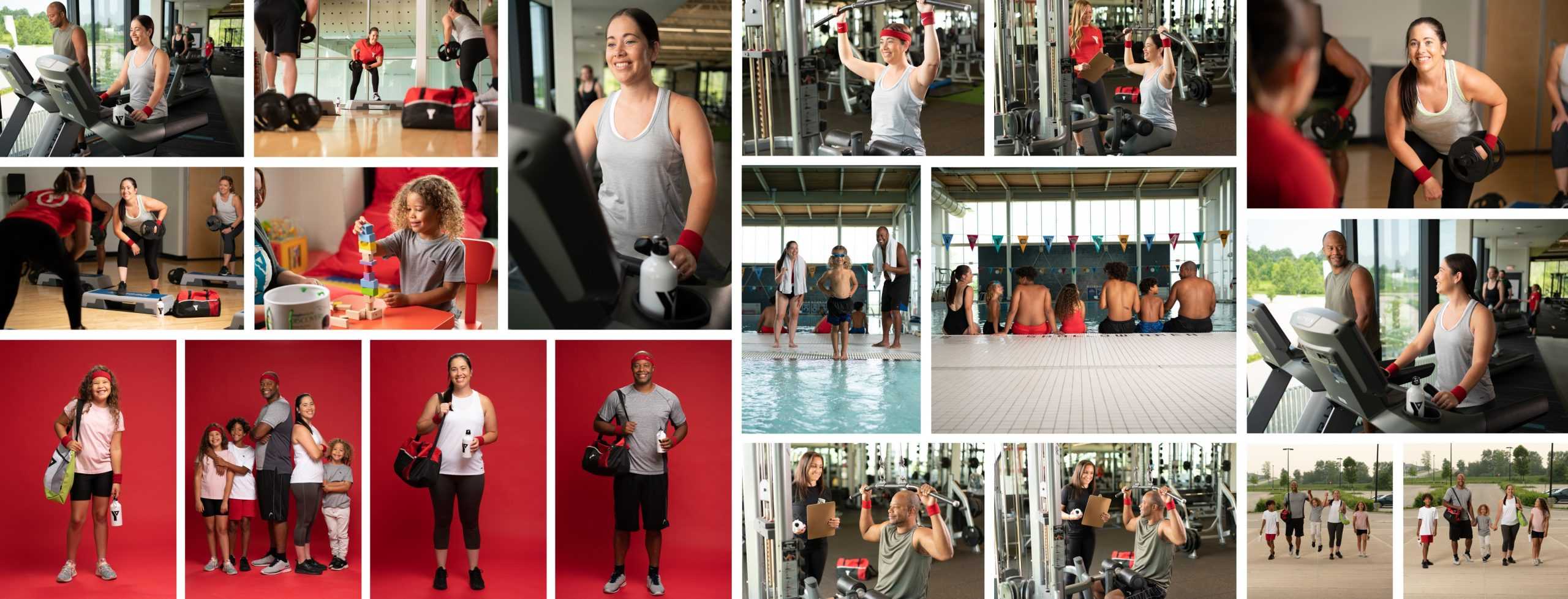 various photos of men and women exercising and families at the YMCA