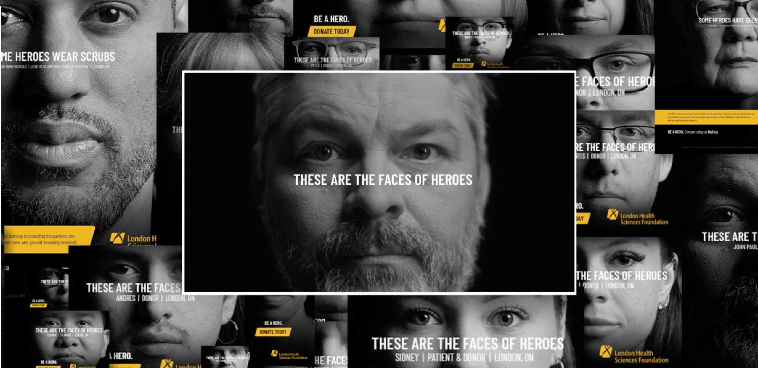 of multiple images of head shots of adults with varying text related to the Face of Heros campaign