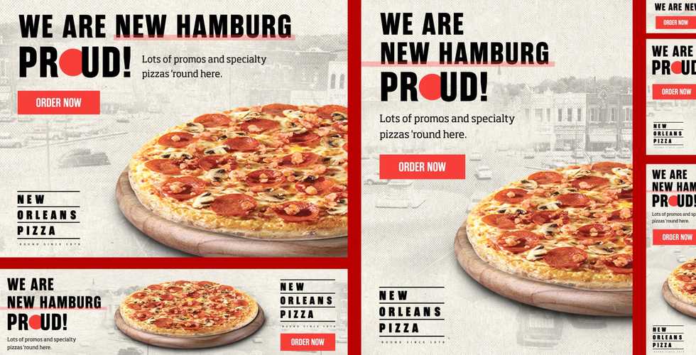 various sized versions of a New Orleans Pizza ad for New hamberg