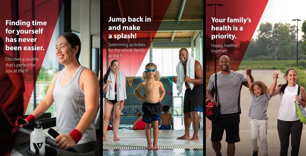 3 ads, one with a girl on a treadmill, the next a mother and father watching their child do swimming lessons and the last a family holding hands