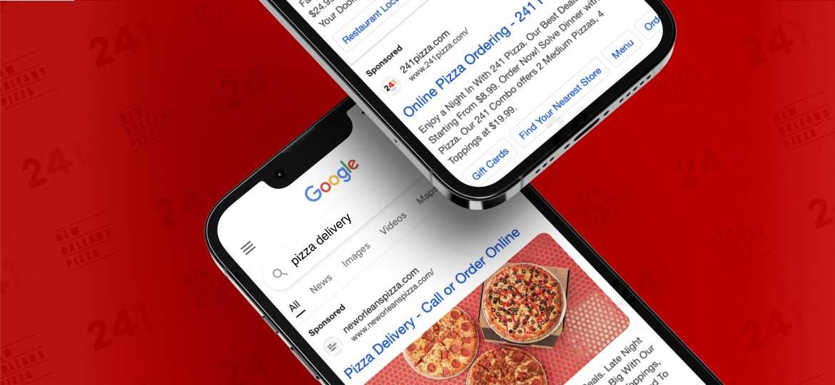 two phones googling pizza delivery and displaying the New Orleans Pizza ad on a red background