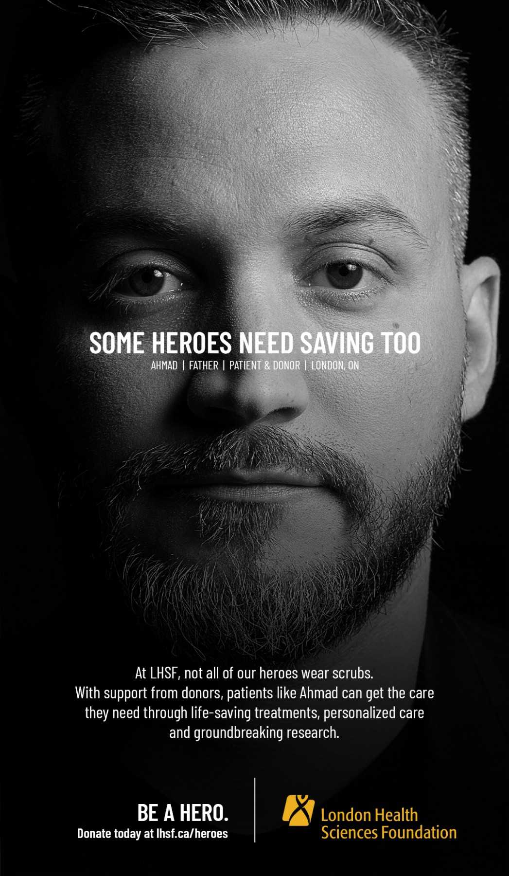 of a man's headshot with the text some heroes need saving too