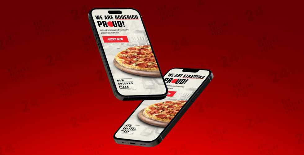 two phones with a New Orleans Pizza ad on a red background