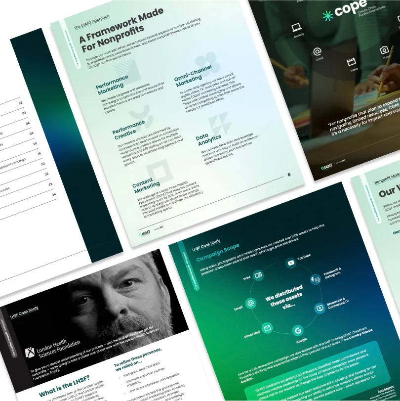 A document showcasing a framework for nonprofit marketing, including sections on performance marketing and data analytics.