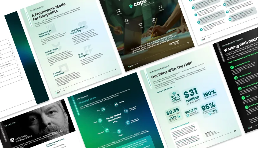 Collage of marketing materials showcasing nonprofit framework, statistics, and a portrait of a man with a beard.