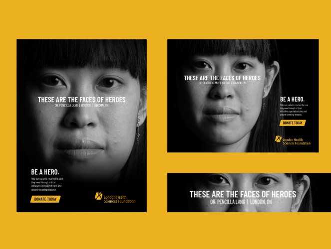 three versions of the face of hero campaign ads, shows the ad for different screen sizes