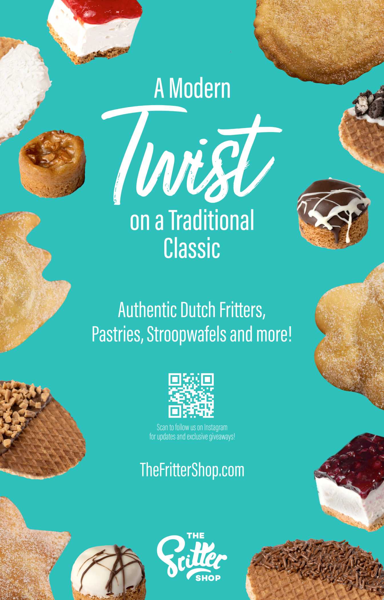 an ad for the fritter shop if multiple treats on it with the text A Modern Twist on a Traditional Classic